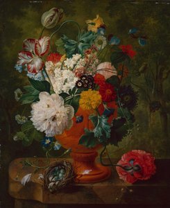 Sommerblomster i en urne med et fuglerede på en marmorhylle (olje på lerret) av Gerard van Spaendonck