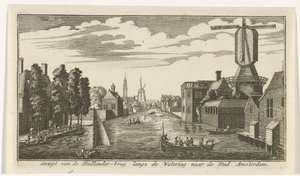 Utsikt langs Wetering på Amsterdam Utsikt fra Stadlander Bridge langs Wetering til City of Amsterdam (tittel på objekt) av Gerardus Condet