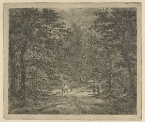 Gjeterinne med ku i skogen Kua i Bentheimskogen