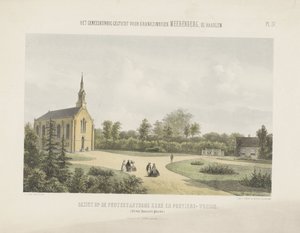 Kirke og portnerhus bak Meerenberg Utsikt over den protestantiske kirken og portørens hus (tittel på objekt) Det medisinske asylet for den sinnssyke Meerenberg nær Haarlem (serietittel på objekt) av Gerardus Johannes Bos
