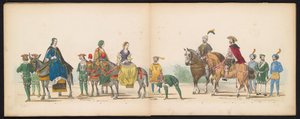 Maskerade av Leiden-studentene, 1855 (plate 10) Utkledd prosesjon holdt av medlemmene av Leiden studentkorps den 12. juni 1855, for å feire 280-årsjubileet for Leidsche Hoogeschool, som skildrer Karl Vs inntreden i