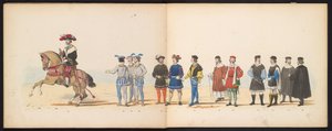 Maskerade av Leiden-studentene, 1855 (plate 11) Utkledd prosesjon holdt av medlemmene av Leiden studentkorps den 12. juni 1855, for å feire 280-årsjubileet for Leidsche Hoogeschool, som skildrer Karl Vs inntreden i av Gerardus Johannes Bos