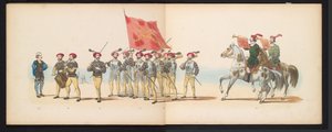 Masquerade of the Leiden Students, 1855 (plate 12) Utkledd prosesjon holdt av medlemmene av Leiden studentkorps den 12. juni 1855, for å feire 280-årsjubileet for Leidsche Hoogeschool, som skildrer Karl Vs inntreden i av Gerardus Johannes Bos
