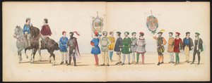 Maskerade av Leiden-studentene, 1855 (plate 13) Utkledd prosesjon holdt av medlemmene av Leiden studentkorps den 12. juni 1855, for å feire 280-årsjubileet for Leidsche Hoogeschool, som skildrer Karl Vs inntreden i
