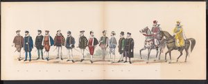 Masquerade of the Leiden Students, 1870 (plate 12) Utkledd prosesjon holdt av medlemmene av Leiden studentkorps den 7. juni 1870, for å feire 295-årsjubileet for Leidsche Hoogeschool, som viser et besøk i Leiden i av Gerardus Johannes Bos