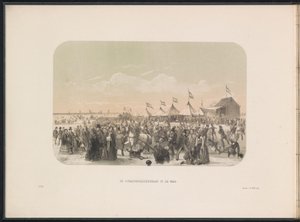 Skating på Maas i Rotterdam, 1855 Skøytebanen på Maas (tittel på objekt) Isunderholdningen på Maas i Rotterdam i februar 1855, med bildetekster (serietittel på objekt)