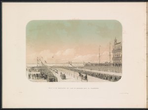 Race for hestevogner på Maas i Rotterdam, 1855 Utsikt over seleløpet med heste- og narreslede langs Willemskade (tittel på objektet) Isunderholdningen på Maas i Rotterdam i februar 1855, med bildetekster (serietittel på objekt) av Gerardus Johannes Bos
