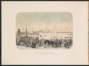 Konkurranse om isseilyachter på Maas i Rotterdam, 1855 Utsikt over hardseilfesten med isbåter (tittel på objekt) Isunderholdningen på Maas i Rotterdam i februar 1855, med bildetekster (serietittel på objekt) av Gerardus Johannes Bos