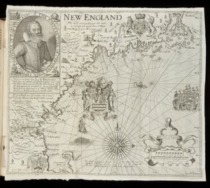 Kart over New England, fra Historia Mundi: eller Mercators Atlas, London, 1635 av Gerardus Mercator