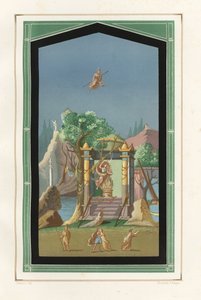 Landskapsmaleri fra Exedra i huset til Vesonius Primus, en fuller. Kromolitografi av Victor Steeger etter en illustrasjon av Geremia Discanno fra Emile Presuhn (1844-1878) De vakreste maleriene i Pompeii, Leipzig