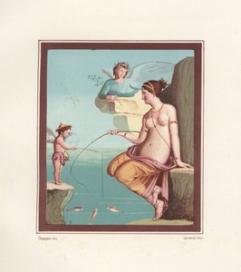 Veggmaleri av Venus og amorfiske med stenger fra havet. Funnet i Regio VI.XIV.28, Taberna Lusoria. Kromolitografi av Victor Steeger etter en illustrasjon av Geremia Discanno fra Emile Presuhn (1844-1878) De vakreste maleriene av Pompeii, Lei