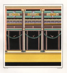 Veggmaleri fra et rom i Epigrammenes hus. V, Ins. 1, nr. 18. Kromolitografi av Victor Steeger etter en illustrasjon av Geremia Discanno fra Emile Presuhn (1844-1878) De vakreste maleriene i Pompeii, Leipzig