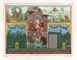 Veggmaleri av Orpheus med lyre fra viridarium (hagen) til huset til Vesonius Primus, en fuller. Han er omgitt av dyr, inkludert en løve, cougar, villsvin, hjort, kanin og blå flamingo. Kromolitografi av Victor Steeger etter en illustrasjon