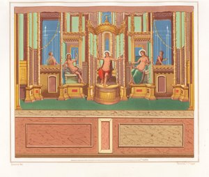 Veggmaleri som viser Bacchus, Venus og Apollo fra et bortgjemt sitteområde i et hjørne av en hage i Domus M. Herenulli Communis eller House of Apollo, Reg. VI, Ins. VII, nr. 23. Kromolitografi av Victor Steeger etter en illustrasjon av Geremia Discan