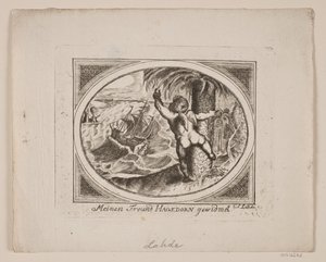 Amor ved et palmetre, peker utover et rasende hav. av Gerhard Ludvig Lahde