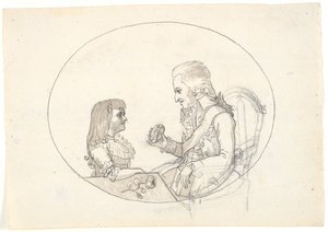 Kronprins Frederik med kronprinsen (Chr. VIII) viser et portrett av avdøde kronprinsesse Sofie Frederikke av Gerhard Ludvig Lahde