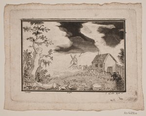 Landskap med hus og mølle av Gerhard Ludvig Lahde