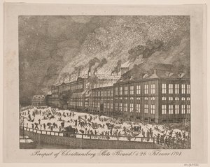 Prospekt for Christiansborg slotts brann 26. februar 1794 av Gerhard Ludvig Lahde