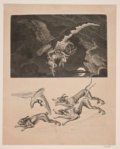 Panel med ugle som flyr med hare, under; hunder, harer og jaktfalker av Gerhard Ludvig Lahde
