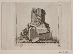Vignette med brukket søyle og armene til de tre nordiske kongedømmene av Gerhard Ludvig Lahde