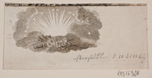 Vignetten med armene til de tre nordiske kongedømmene i skyer foran solen av Gerhard Ludvig Lahde