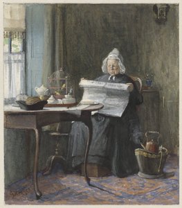 Interiør med en kvinne som leser avisen av Gerke Henkes