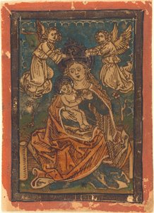 Madonna og barn sitter på en gresskledd bredde med engler av German 15th Century