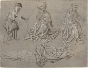 Studier for seks figurer (ark fra en modellbok) [recto] av German 15th Century