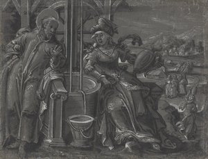 Kristus og kvinnen i Samaria [verso] av German 16th Century