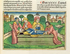 2. Krønikebok 35 24 Begravelse av Josiah, fra Nürnbergbibelen (Biblia Sacra Germanaica) (farget tresnitt)