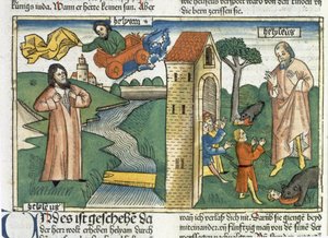 2 Kongebok 2 1-24 Elias stiger opp til himmelen i en virvelvind og guttene som hånet Elisa blir spist av bjørner, fra Nürnbergbibelen (Biblia Sacra Germanaica) (farget tresnitt) av German School
