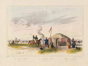 En Kalmyk (vest-mongolsk) familie som gjeter hester, billedlig broadsheet utgitt av Joseph Scholz, Mainz, ca. 1860 av German School