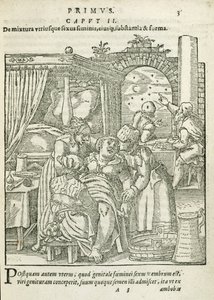 A Woman in Labour, illustrasjon fra kapittel 2, bok 1 av On the Conception and Growth of Man av Rueff, 1587 av German School