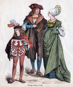 En borgerlig familie. Tyske kostymer fra det 16. århundre fra "Munchener Bilderbogen", Tyskland, ca. 1880 (gravering) av German School