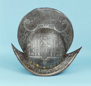En kammorion, etset med kjerubhoder, sfinkser og bevingede hester, sentrum med en pseudo-klassisk kriger i moderne rustning med sverd og skjold av German School