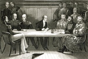 En konferanse på Chusan mellom Commodore Bremer og Chang, en kinesisk tjenestemann, om bord på HMS Wellesley, 4. juli 1841 av German School