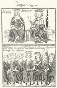 En skildring av Sangerkrieg, en konkurranse mellom minstreler på Wartburg-slottet i Thuringia i 1207, fra Codex Manesse (gravering) av German School