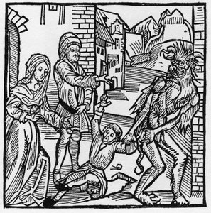 En djevel tar et barn foran øynene til foreldrene hans som hadde lovet ham ved pakt - I "Der Ritter von Turn"" av Knight Marquard vom Stein av German School