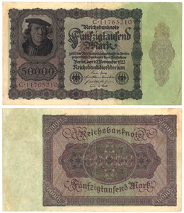 En femti tusen marks seddel, 1922 (recto og verso) av German School
