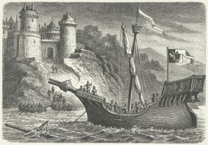 Et handelsskip fra Hanseatic League (gravering) av German School