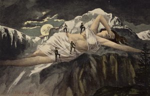 En naken kvinne på en fjellside som blir besteget av fjellklatrere mens månen ser på (collage)