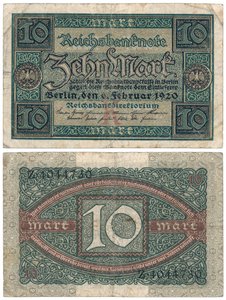 En ti marks seddel, 1920 (recto og verso) av German School
