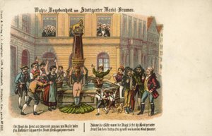 En sann historie ved Stuttgart Market Fountain (farge litho) av German School