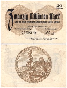 En seddel på tjue millioner mark, 1923 (recto og verso) av German School