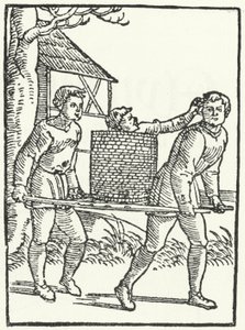 Et tresnitt av en scene fra historien om Till Eulenspiegel (gravering) av German School