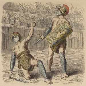 En såret romersk gladiator ber til mengden om livet (farget gravering) av German School