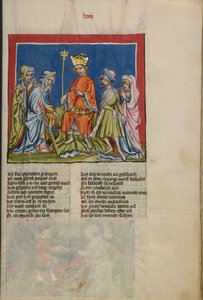 Aaron Transforms the Rod into a Serpent fra Weltchronik Ms. 33, fol. 73, ca. 1400-10 (tempera, gull- og sølvmaling, blekk på pergament) av German School