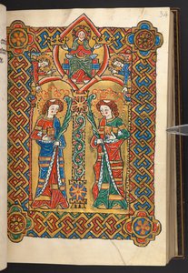 Legge til. 60629, f.34 Kristus og engler kroner to klosterhelgener (vellum) av German School