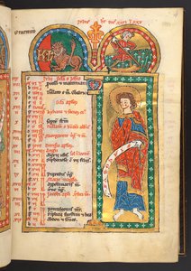 Legge til. 60629, f.4 Juli. 12 kalendersider i gull og farger, med arkitektoniske rammer som hver inneholder et stjernetegn, en apostel og månedens arbeid.  Psalter. Opplyst salter med kalender, canticles og litanier til bruk for nonner, . av German School