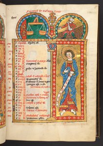 Legge til. 60629, f.5 september. 12 kalendersider i gull og farger, med arkitektoniske rammer som hver inneholder et stjernetegn, en apostel og månedens arbeid. Psalter. Opplyst salter med kalender, canticles og litanier for bruk av nu av German School